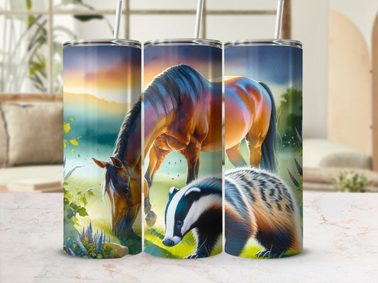 Horse and badger grazing in a field with sunset background, on a tumbler.