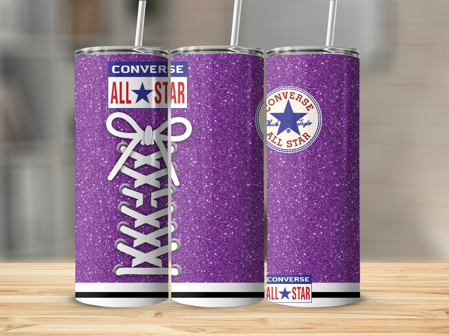 Purple glitter tumbler with Converse All Star logo and laces.