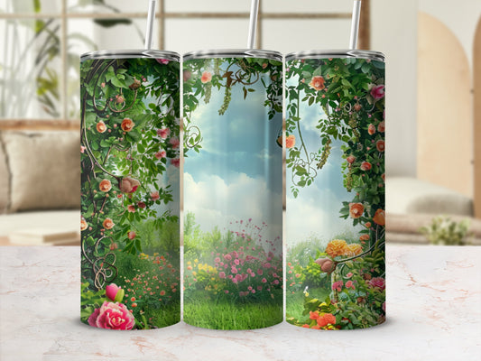 Floral garden scene with vines and flowers wrapping around three tumblers.
