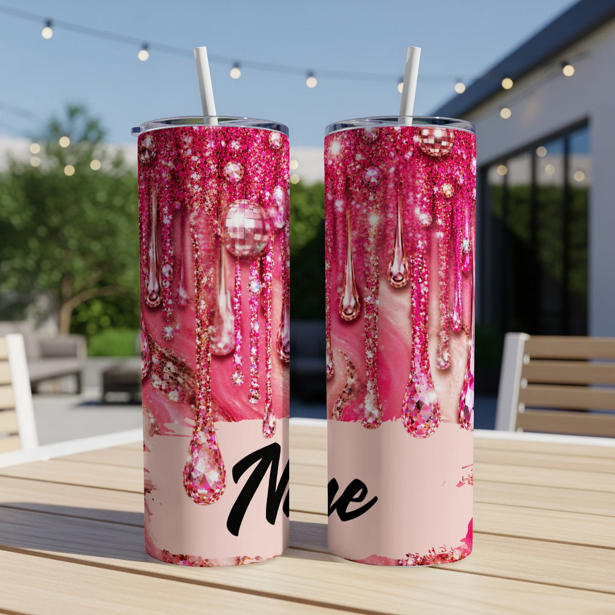 Two pink glitter tumblers with dripping jewel design and the word "Love."