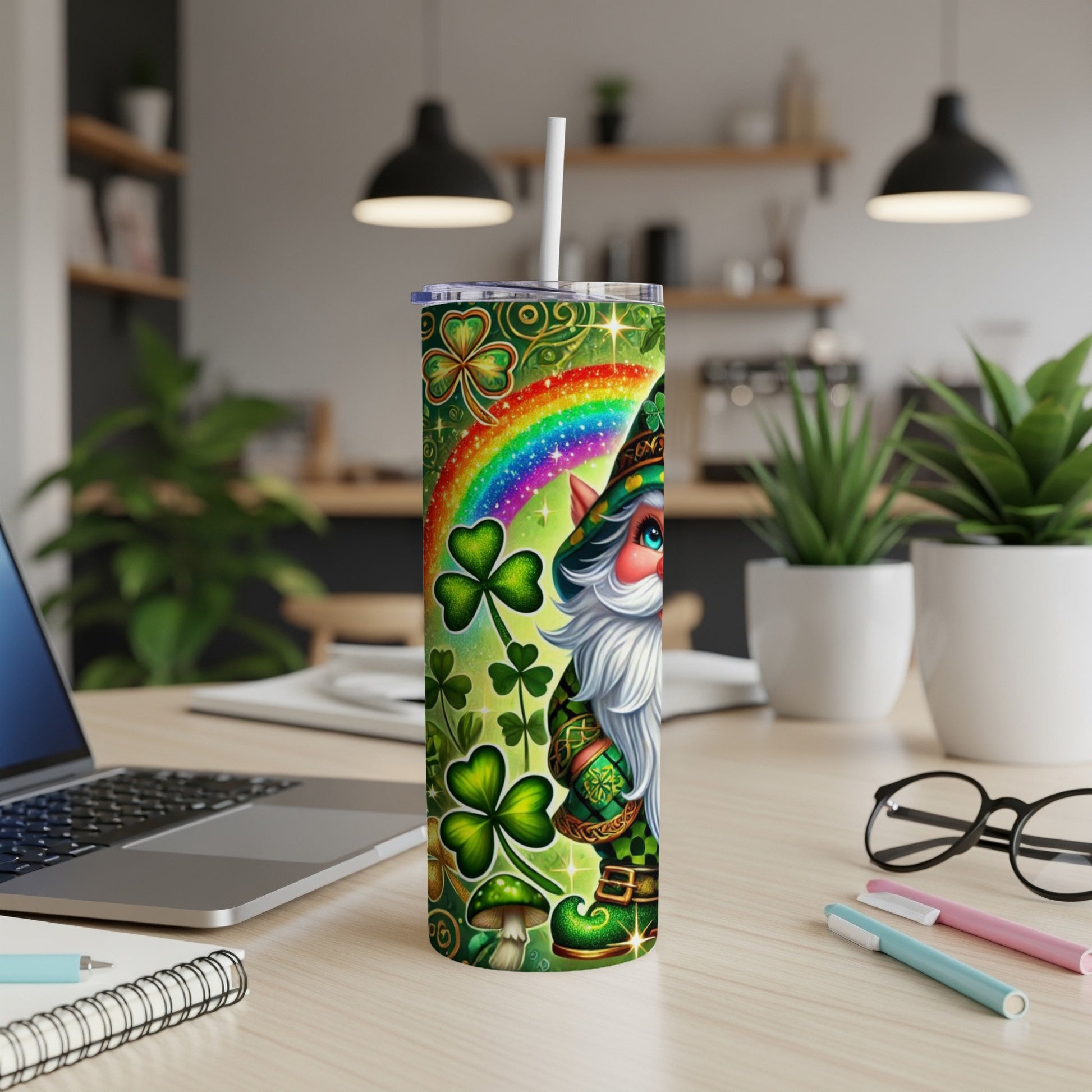 Leprechaun with rainbow and shamrocks on a green tumbler.