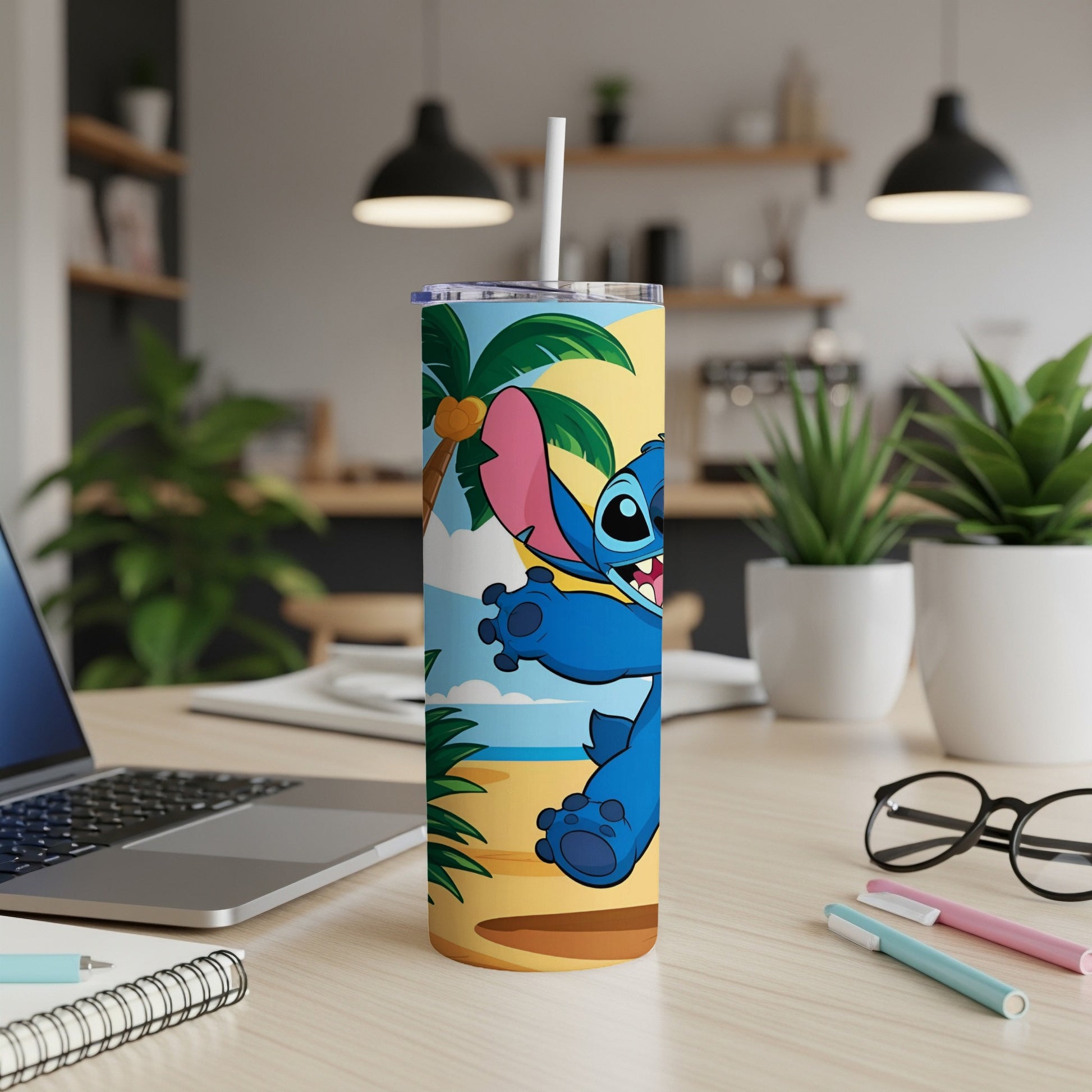 Stitch character on a Hawaiian beach scene tumbler with a straw.