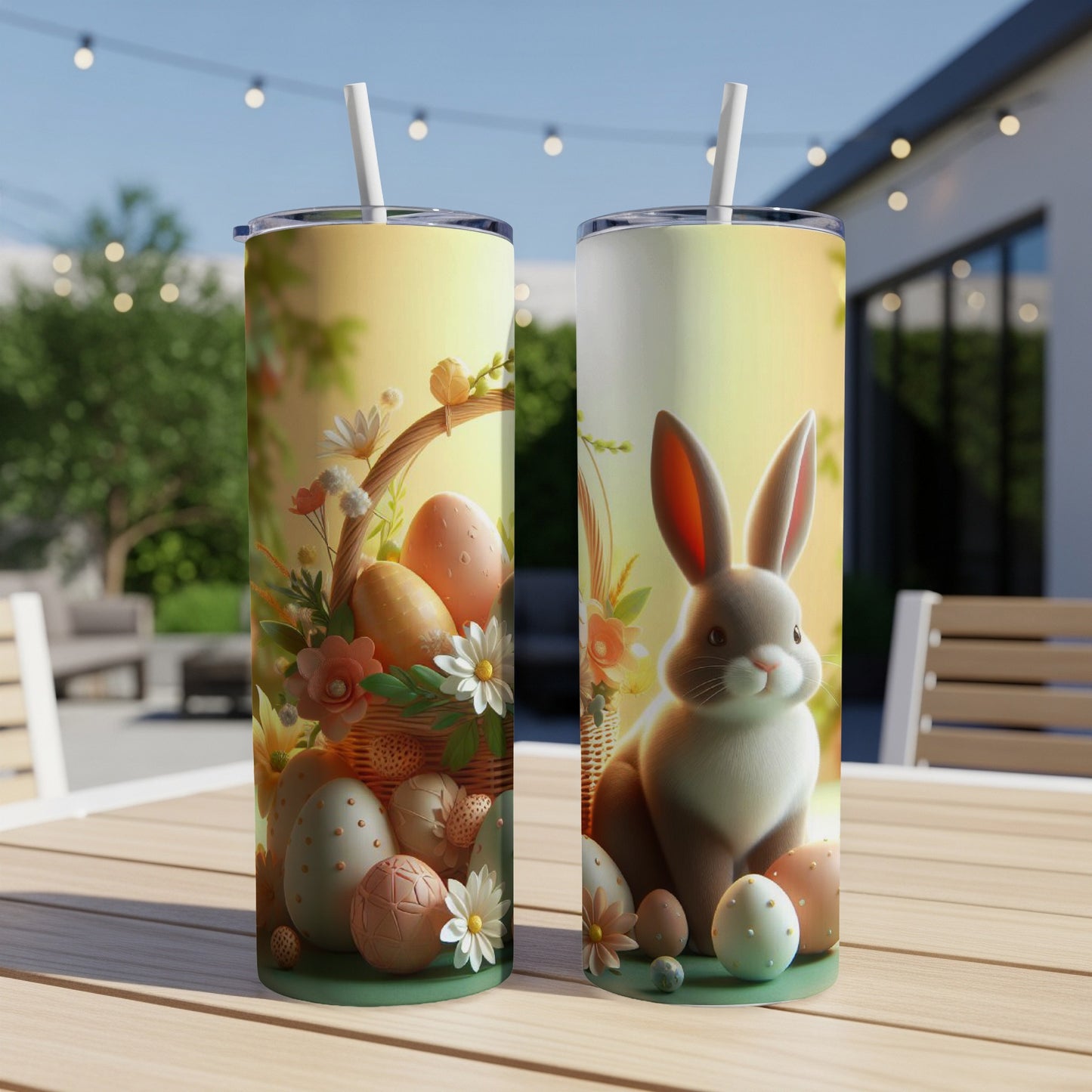 Easter basket with painted eggs and bunny illustration on a tumbler.