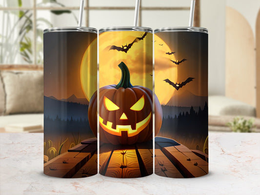 Halloween tumbler with a jack-o'-lantern and bats against a full moon.