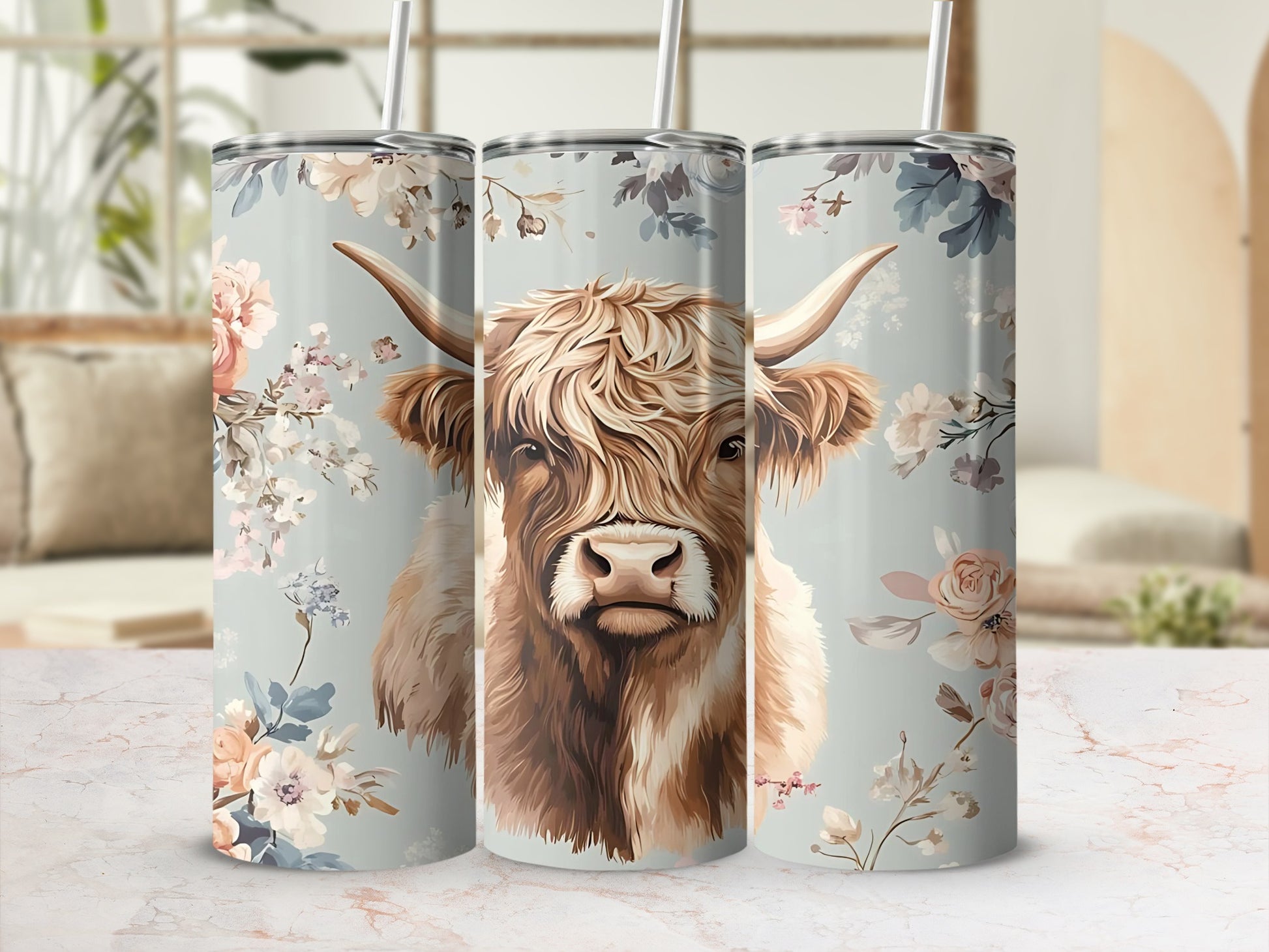 Highland Cow and Floral Design Tumbler