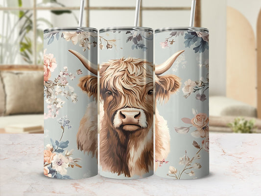 Highland Cow and Floral Design Tumbler