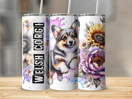 Welsh Corgi with sunflowers and purple flowers on a tumbler.