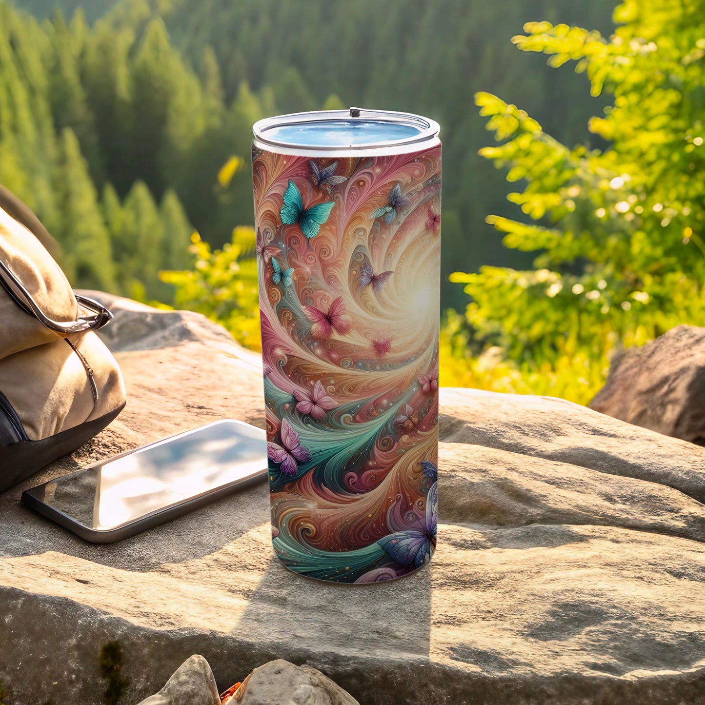 Vivid Swirling Butterflies Print Travel Tumbler