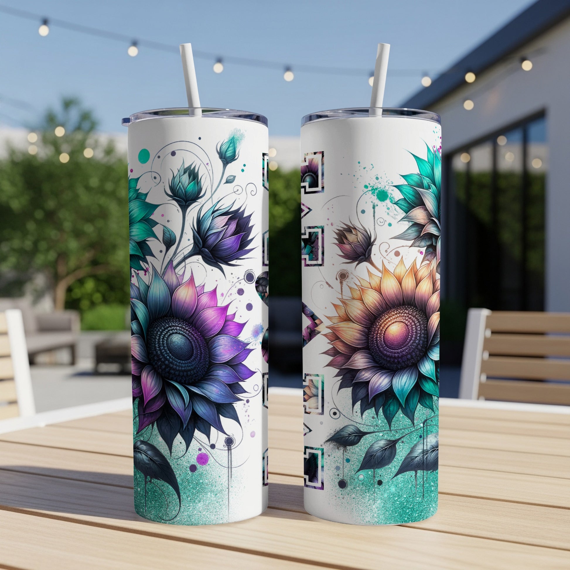 Two tall tumblers with purple and yellow floral designs and teal accents.