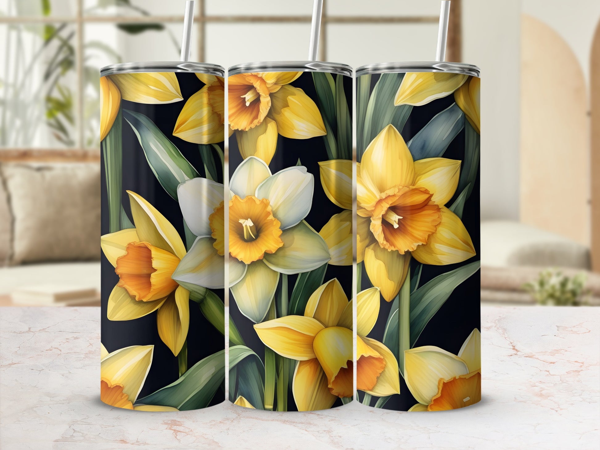 Three tumblers featuring a dark background and yellow and white daffodils.