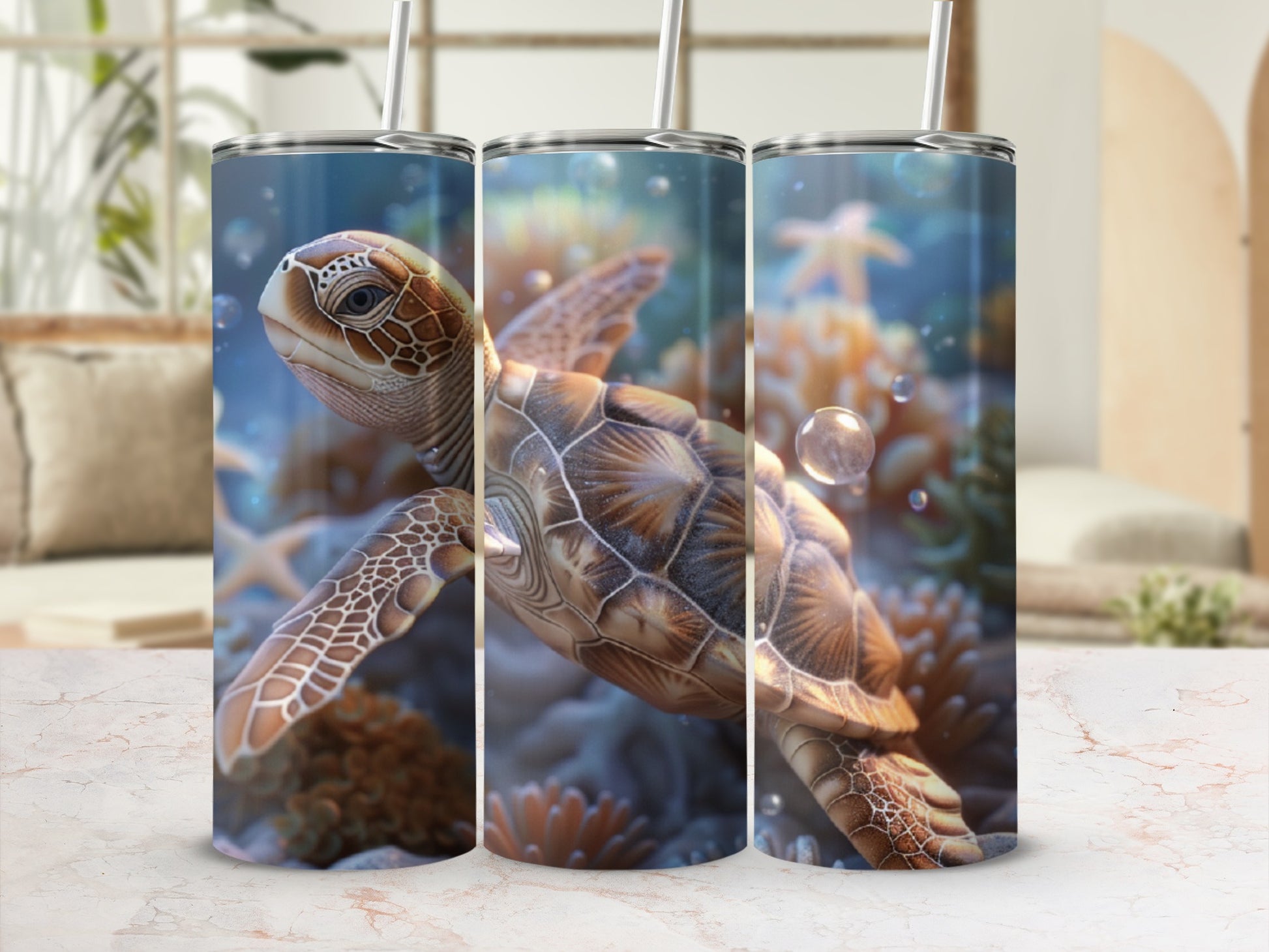 Triptych of a sea turtle swimming underwater, surrounded by coral and bubbles.
