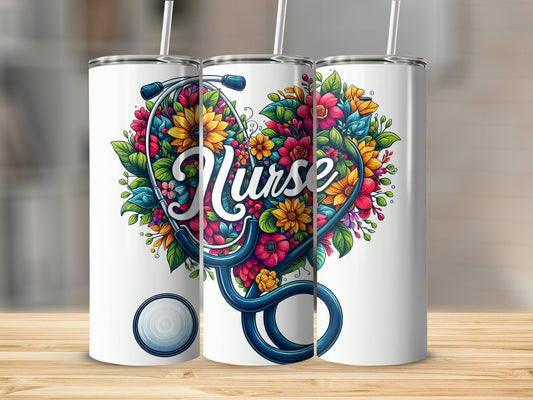 Stethoscope forming a heart of colorful flowers with "Nurse" text.