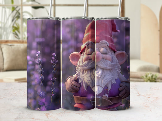 Gnome with lavender field background, wearing a red hat and purple tunic.