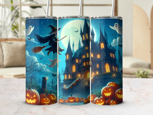 Halloween scene with witch, castle, ghosts, pumpkins, and bats on tumblers.
