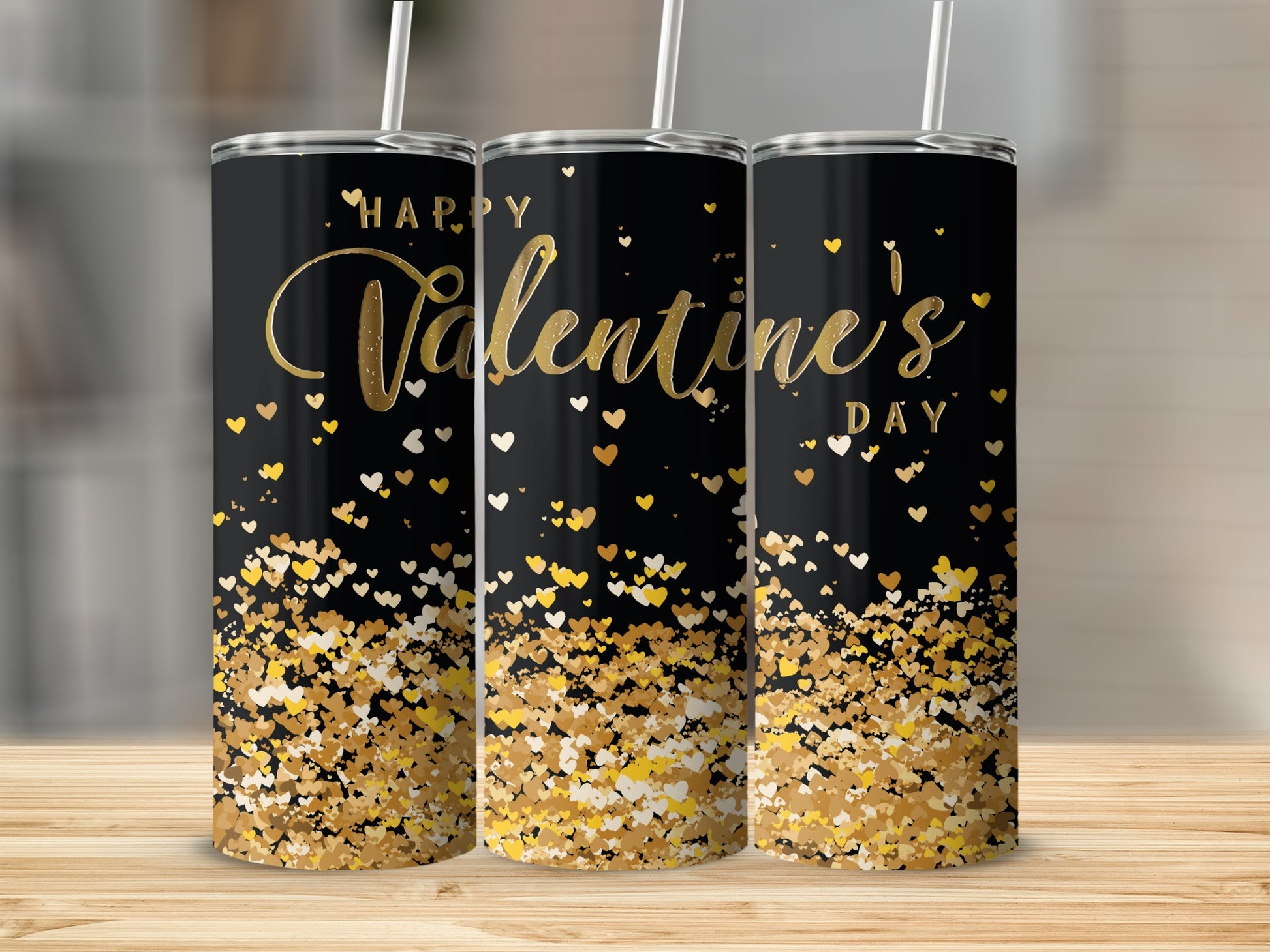Happy Valentine's Day Tumbler with Gold Hearts Design