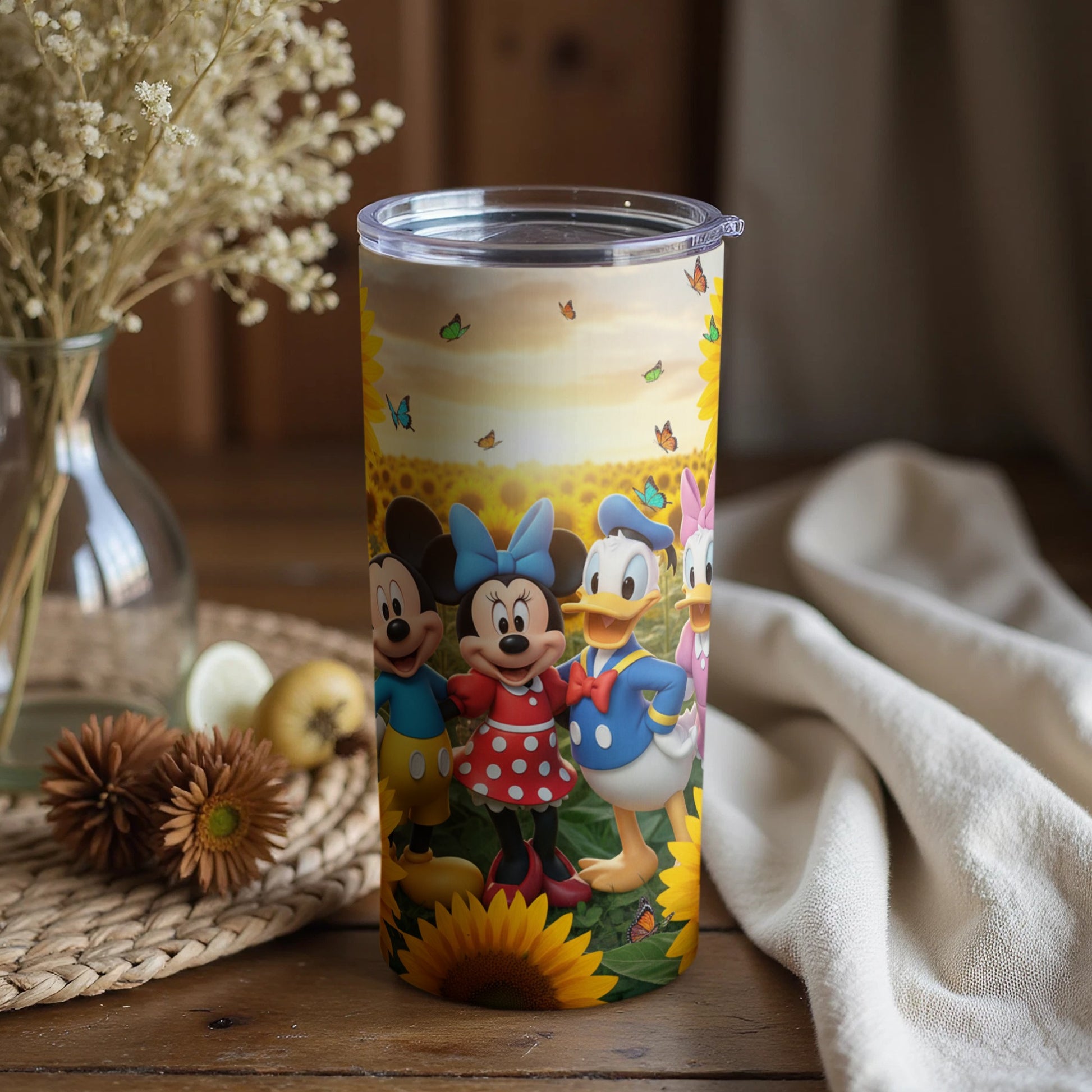 Cartoon Character Sunflower Background Tumbler Cup