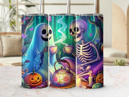 Ghost and skeleton drinking tea with pumpkins and butterflies in a forest.