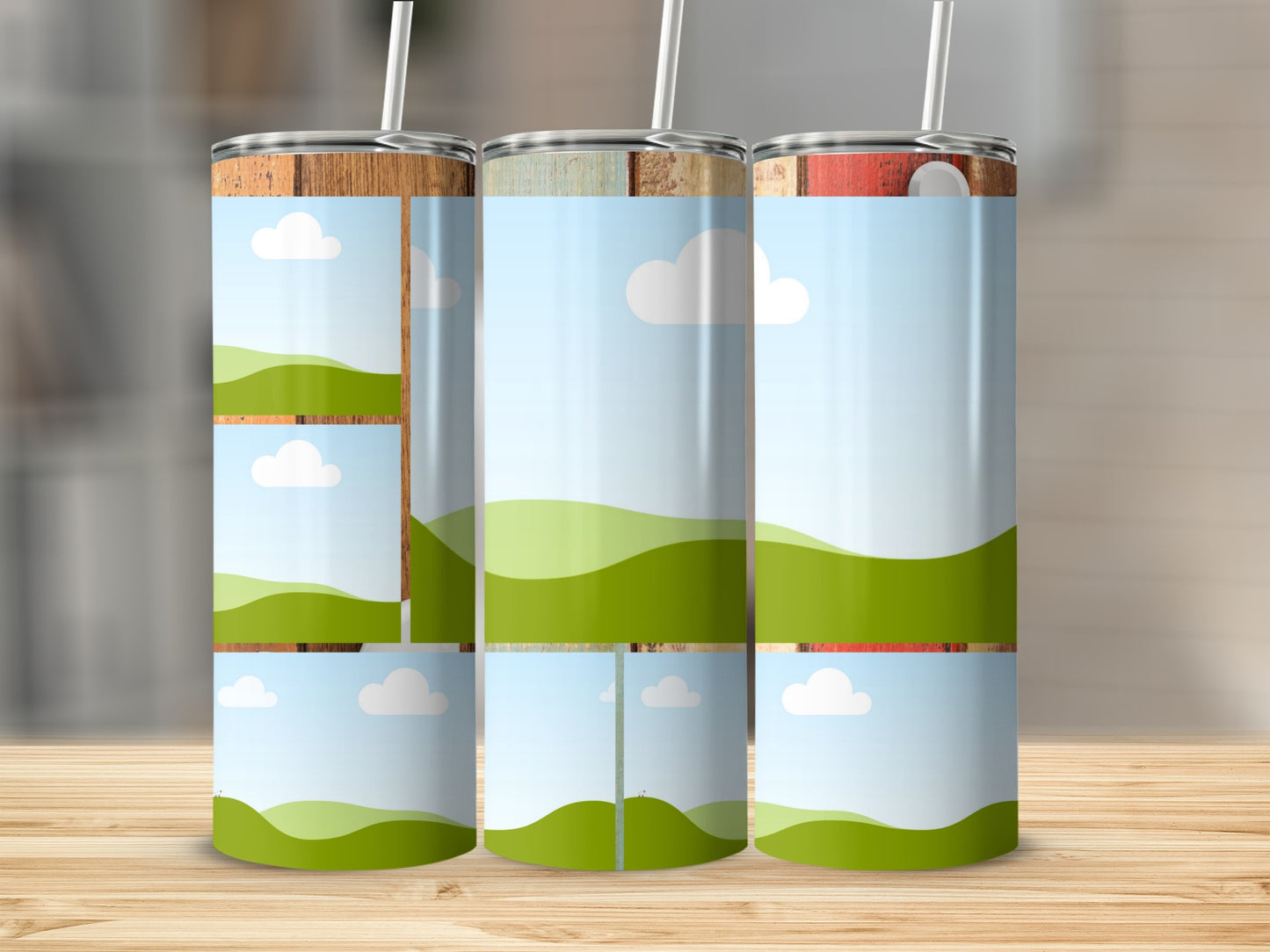 Three tumblers with a wood grain top and a landscape print.