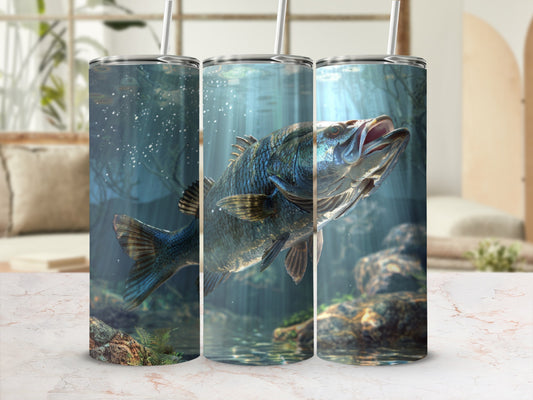 Triptych tumbler design featuring a largemouth bass leaping from water.