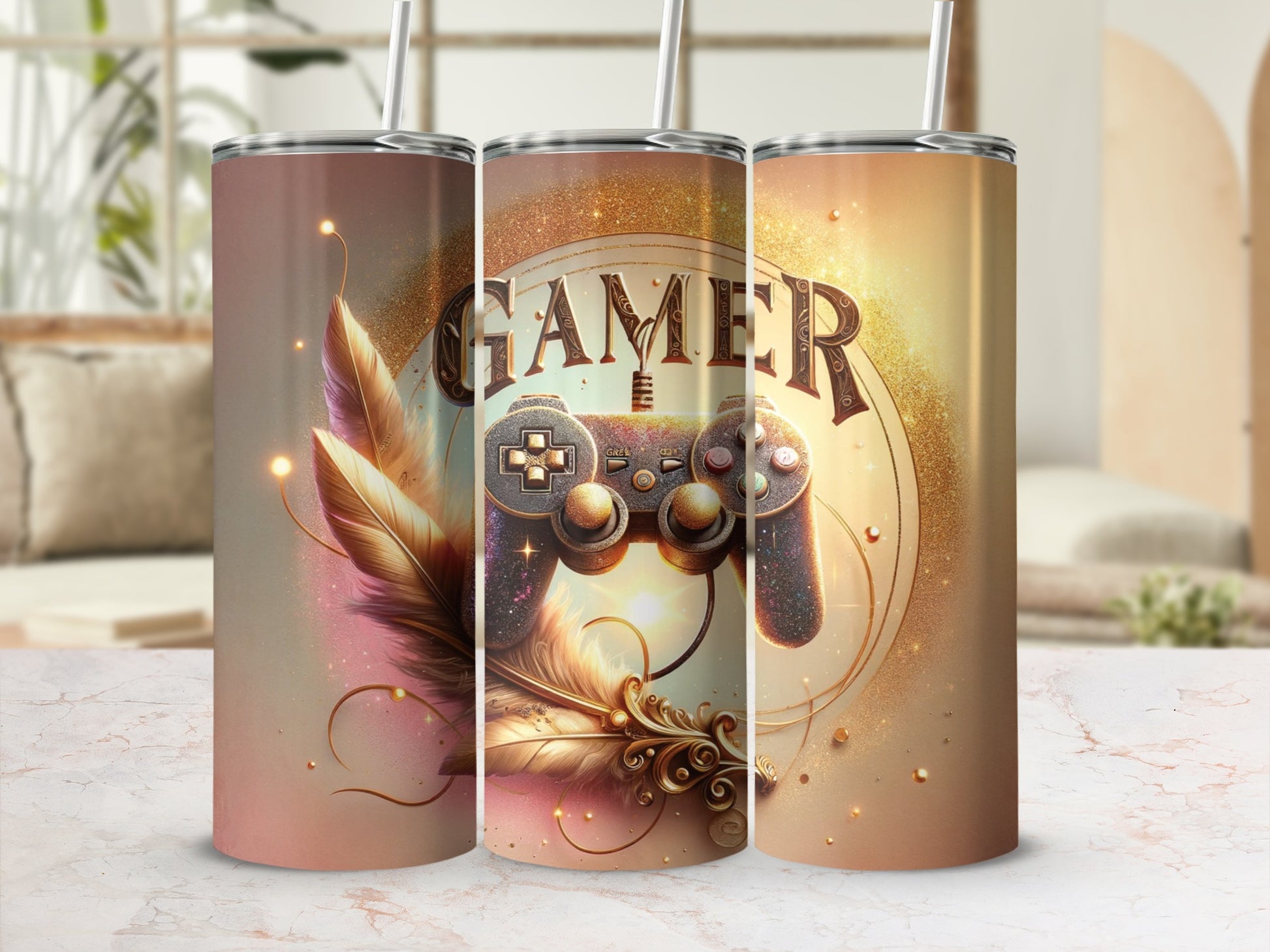 Three tumblers featuring a vintage gamer controller with feathers and glitter.