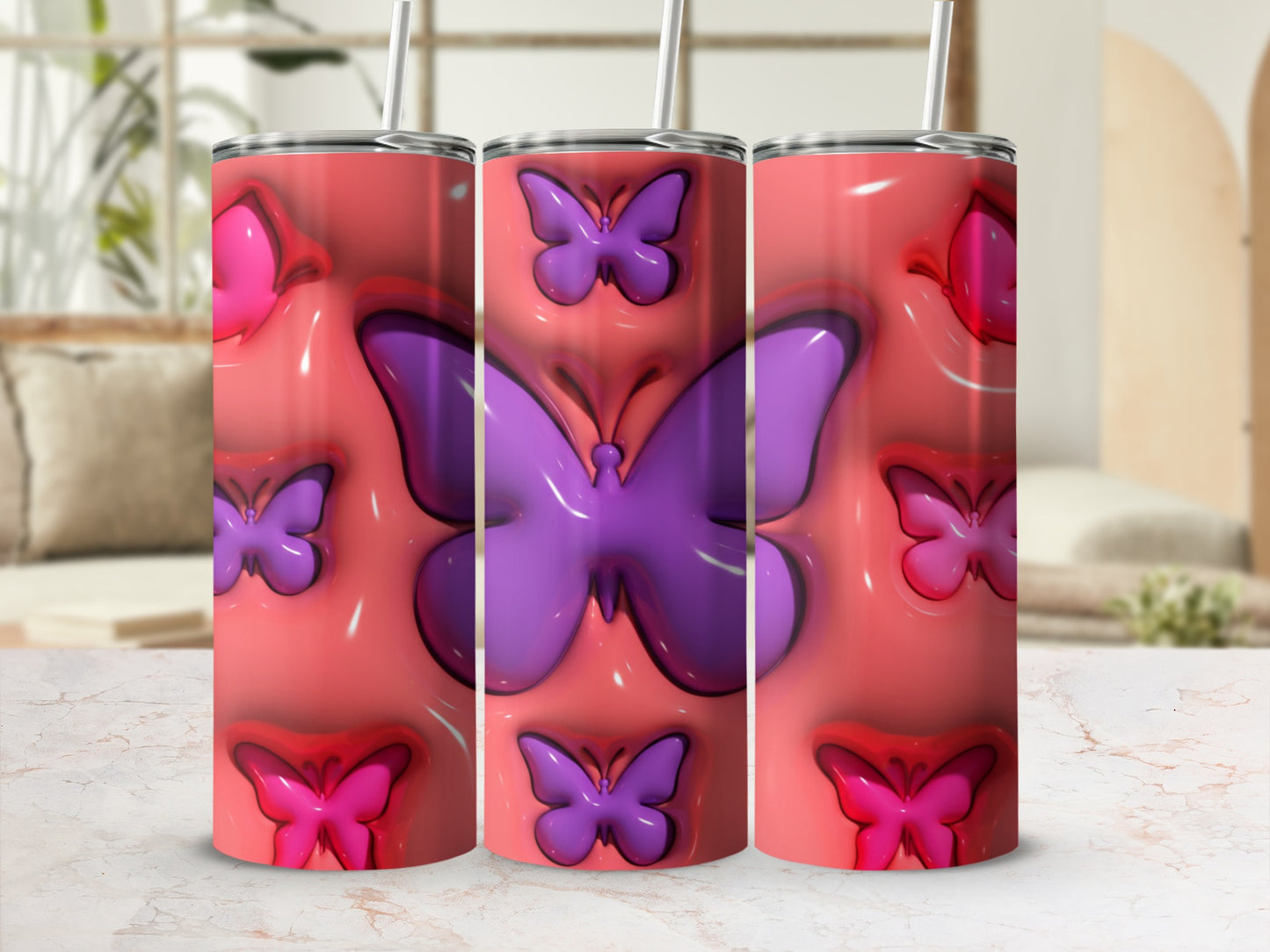 Vibrant Pink and Purple Butterfly Design Tumbler