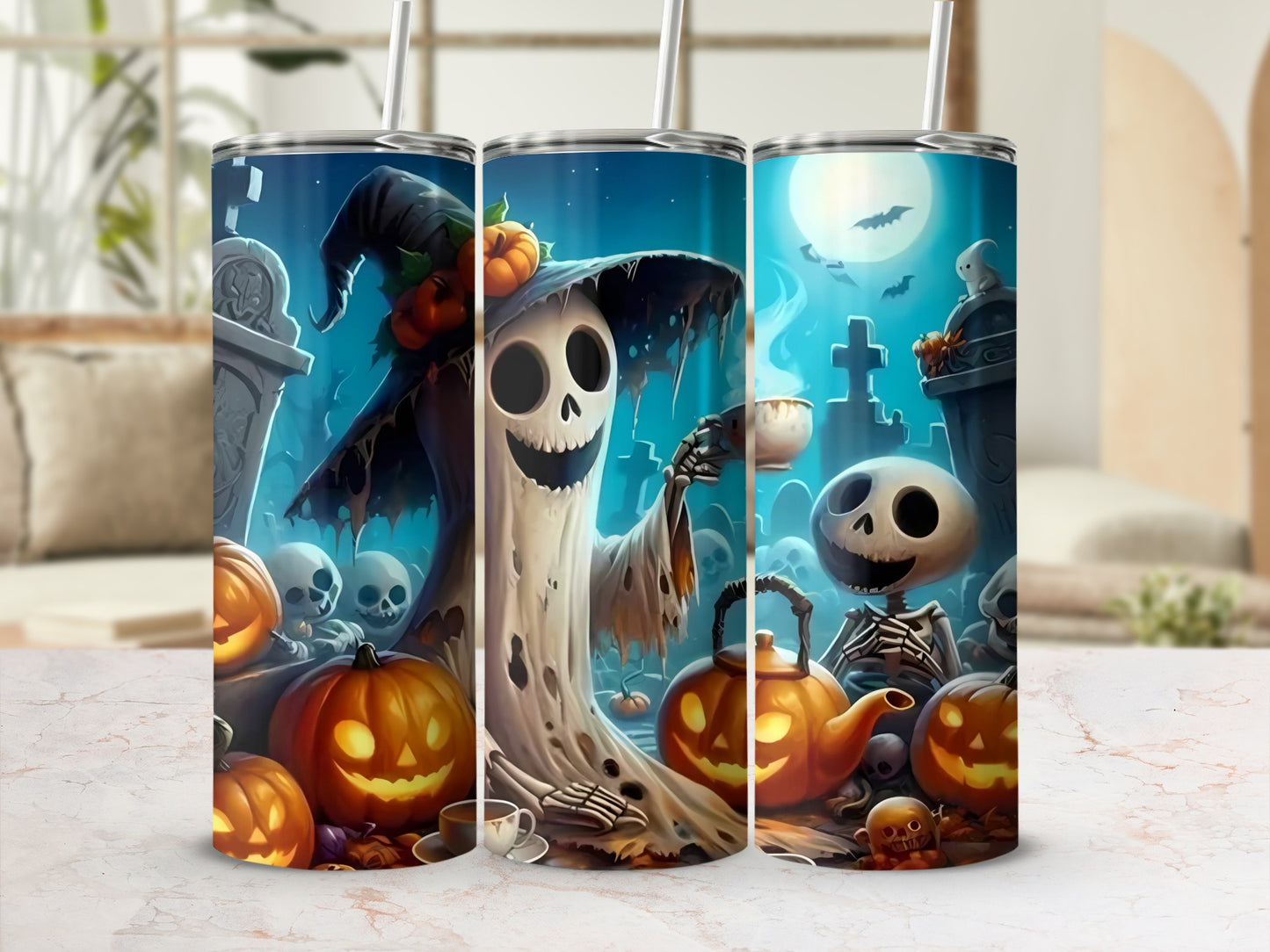 Halloween tumblers with ghosts, pumpkins, skeletons, and a spooky graveyard scene.