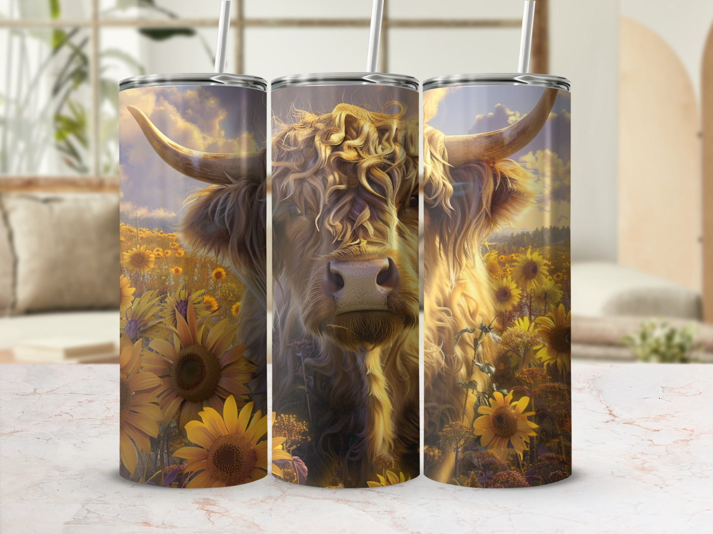 Highland cow and sunflowers on a tumbler