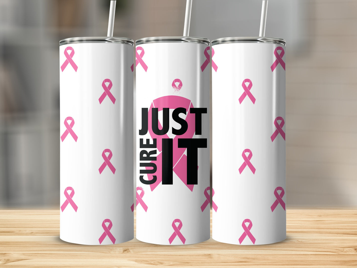 Tumbler with pink breast cancer ribbons and "Just Cure It" text.