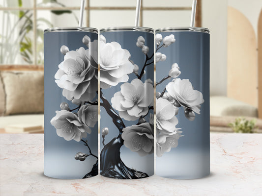 Floral tumbler design with white cherry blossoms on a gray background.