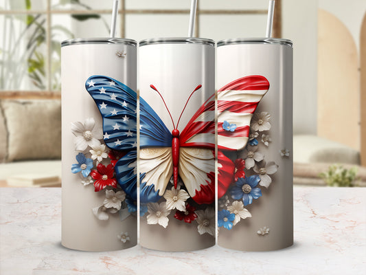 Three tumblers featuring American flag butterfly design with floral accents.
