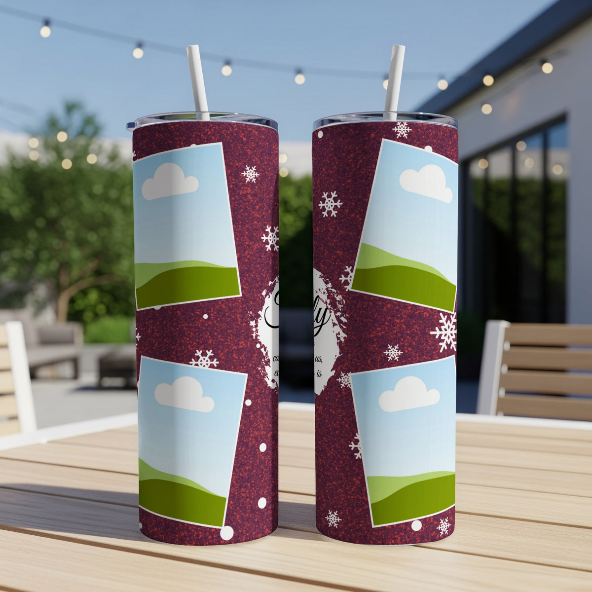 Two tumblers with a dark red glitter pattern, snowflakes, and photo frames.