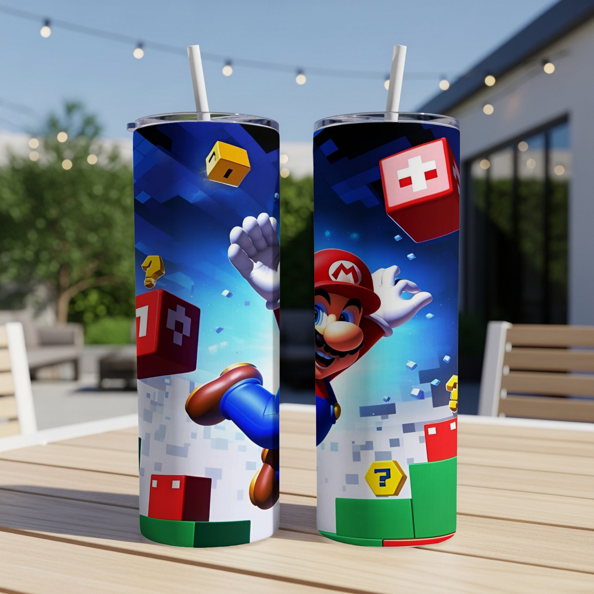 Super Mario characters and game elements on a blue tumbler.
