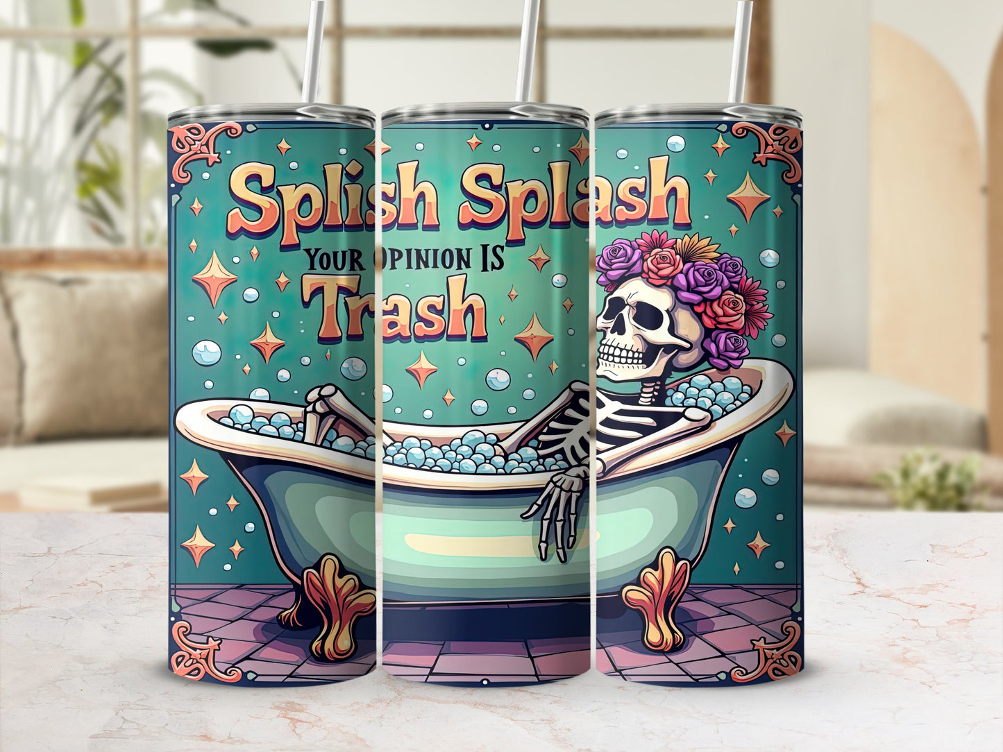 Splish Splash YOUR OPINION IS Trash Skeleton Bathtub Tumbler product type
Skeleton Design, Bathtub Scene, Splish Splash, Opinion Trash Quote, Flower Crown Skeleton, Humorous Drinkware, Sarcastic Gift, Unique Tumbler, Goth Aesthetic, Skull Art, Bubble Bathtub, Floral Headpiece, Cool Tumbler, Beverage Holder, Drinkware Gift, Statement Tumbler, Quirky Art, Cartoon Style, Funky Design, Pop Culture