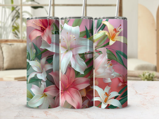 Three tumblers with a pink and white lily floral design.