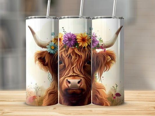 Highland cow with floral crown on a tumbler.
