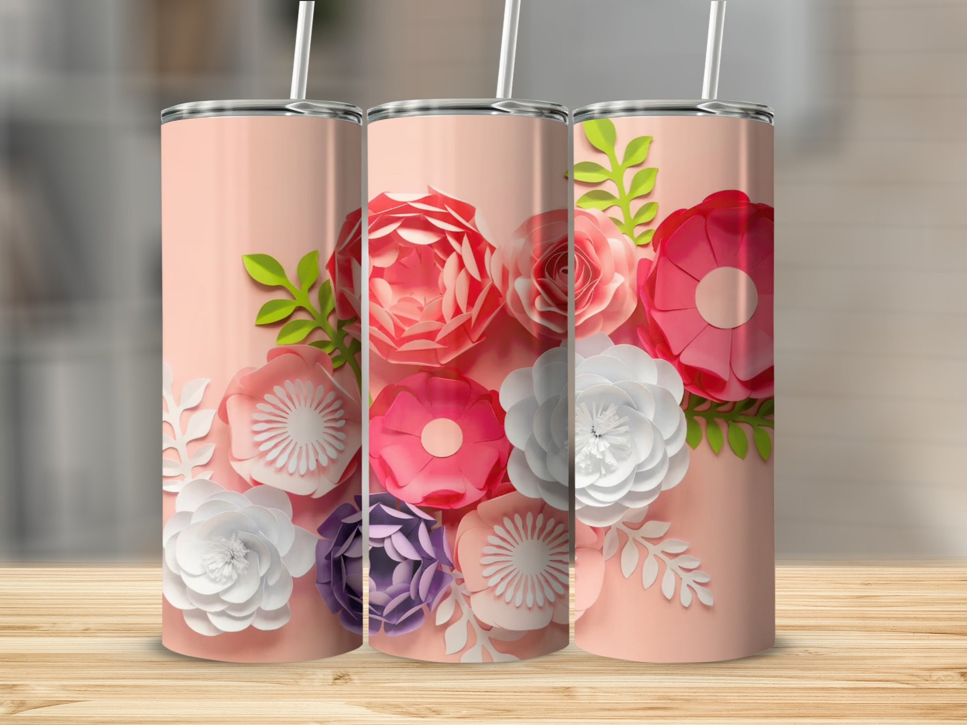 Elegant Floral Design Insulated Tumbler Cup with Straw