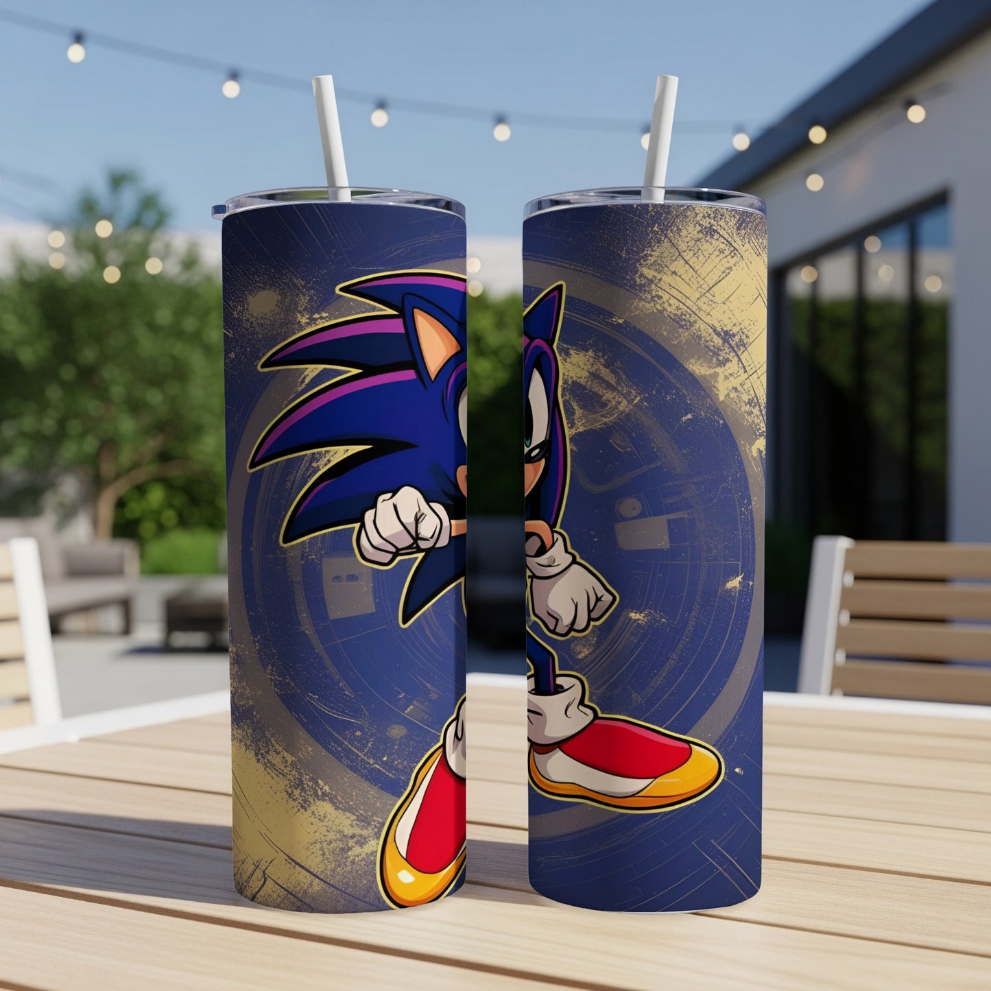 Sonic the Hedgehog character artwork on two white tumblers with straws.
