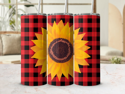Red and black buffalo plaid tumbler with a large yellow sunflower.