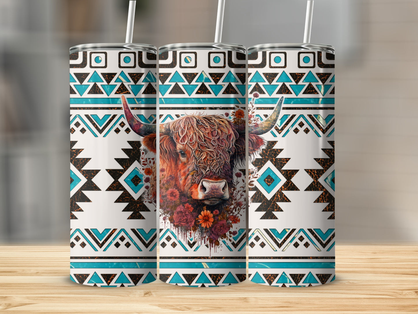 Three tumblers featuring a Highland cow design with geometric patterns.