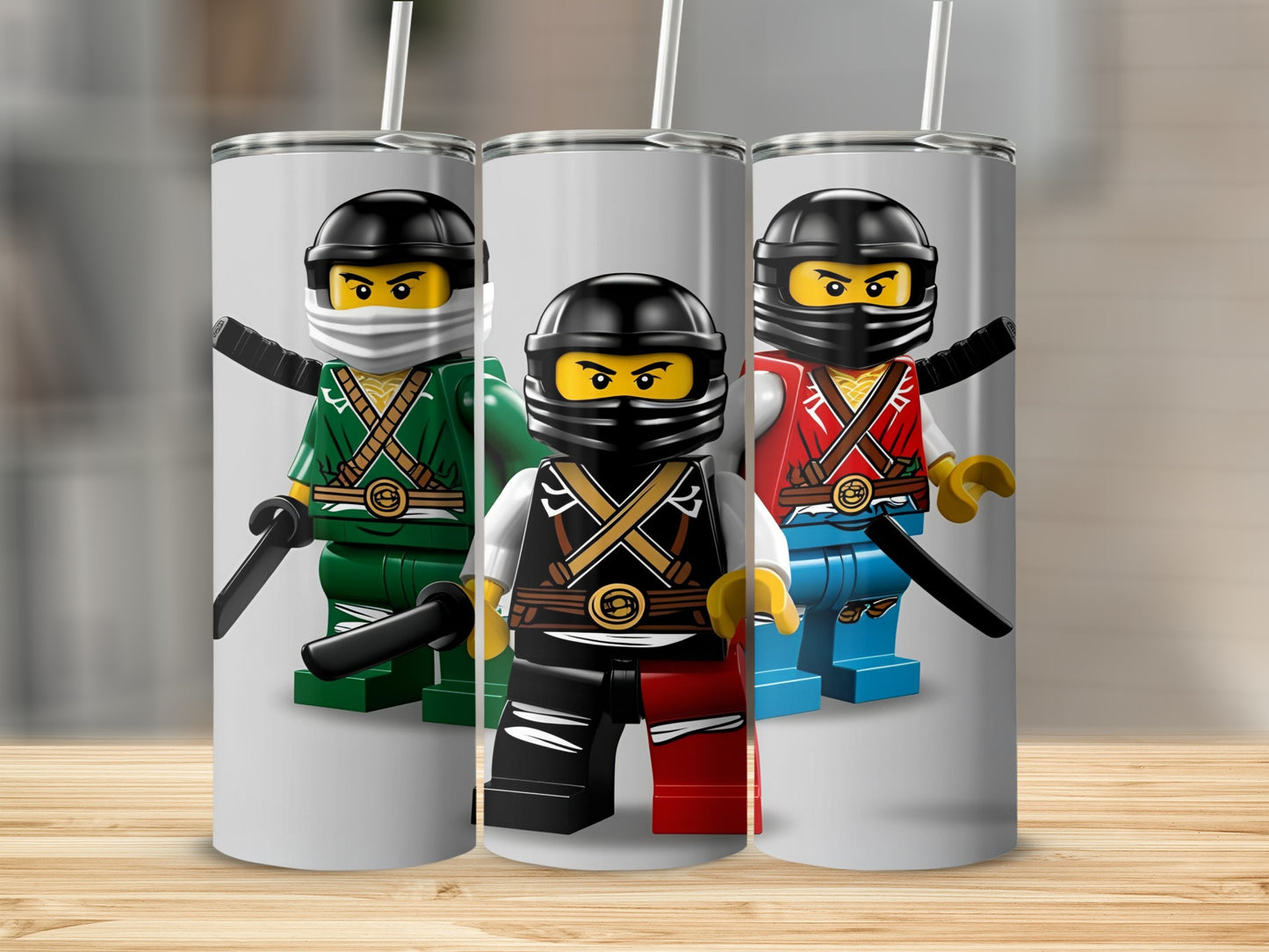 Three Lego Ninjago characters in green, black, and red outfits with swords.