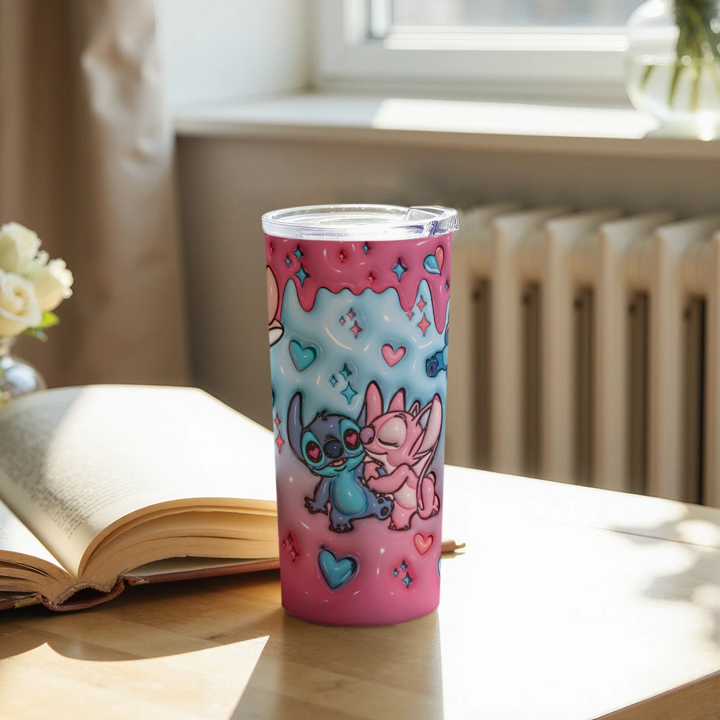 Cute Cartoon Characters Pink Tumbler with Hearts