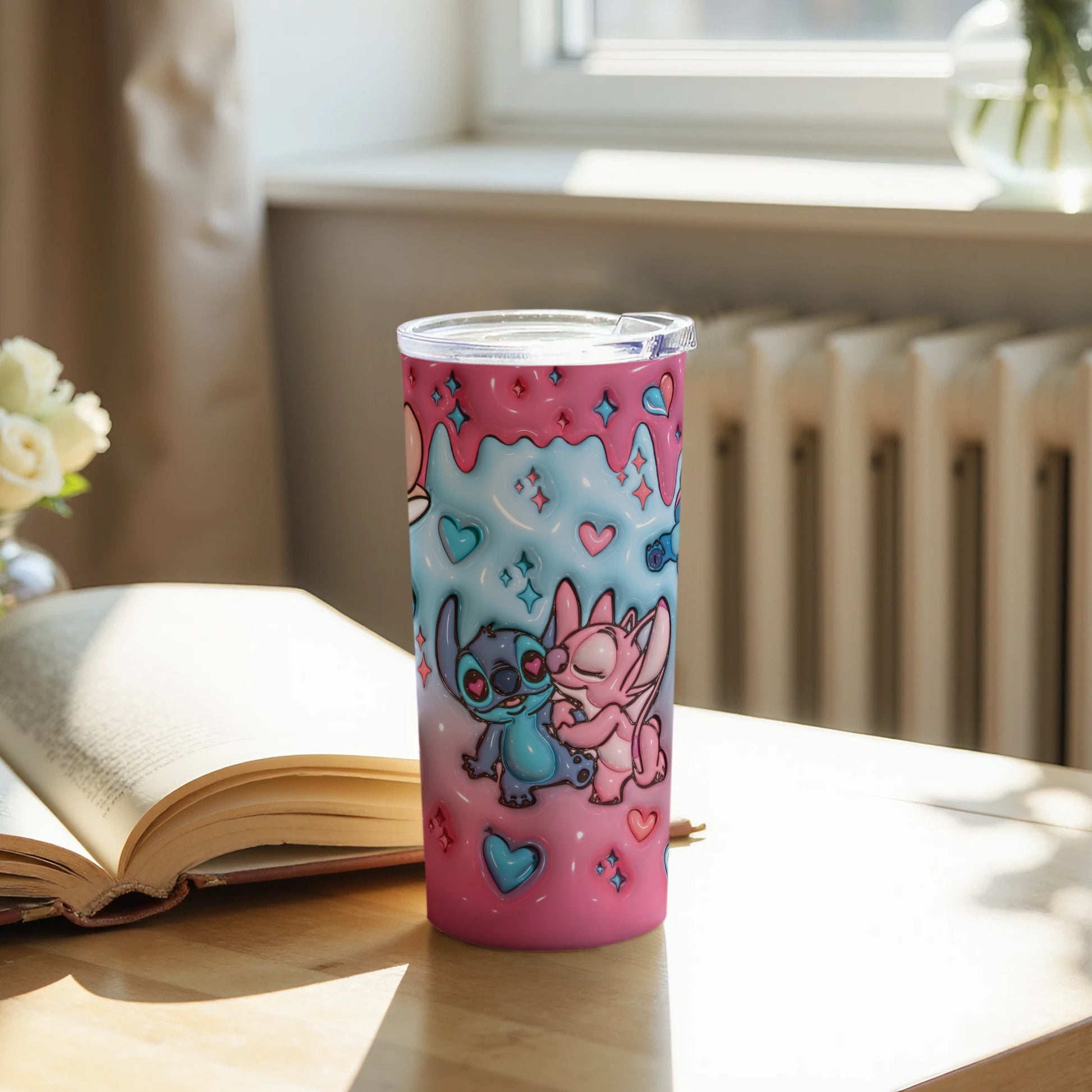 Cute Cartoon Characters Pink Tumbler with Hearts