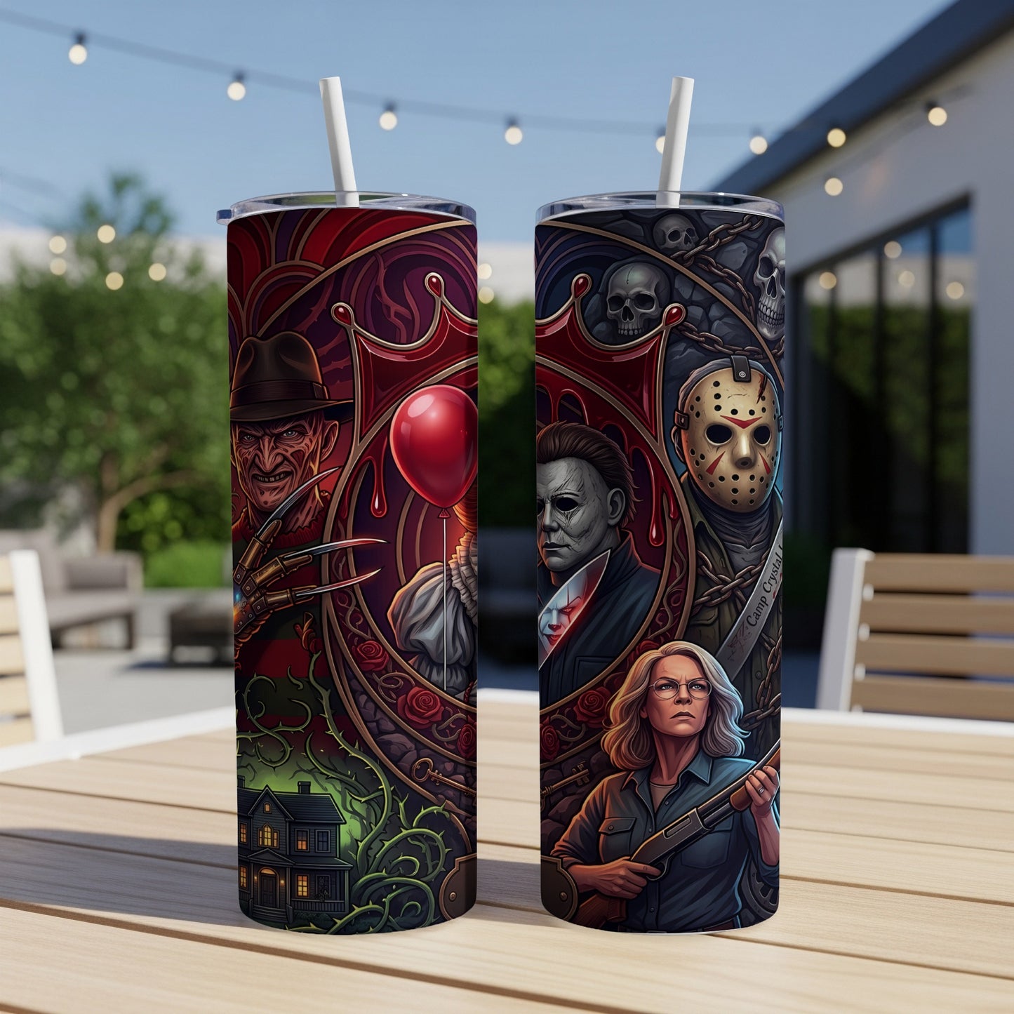 Tumbler with horror movie characters including Freddy Krueger, Pennywise, Michael Myers, Jason Voorhees, and Laurie Strode.