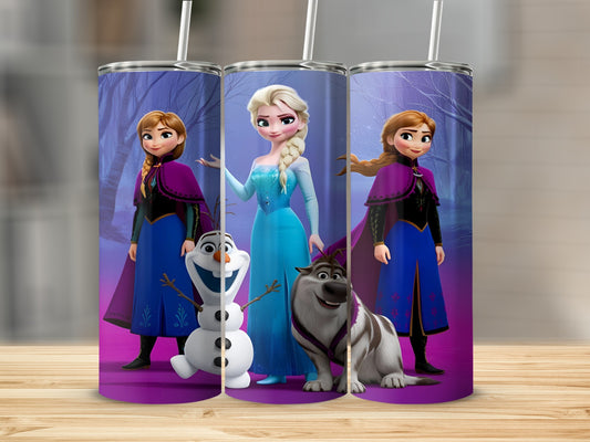 Elsa, Anna, Olaf, and Sven from Frozen on a purple, starry background.