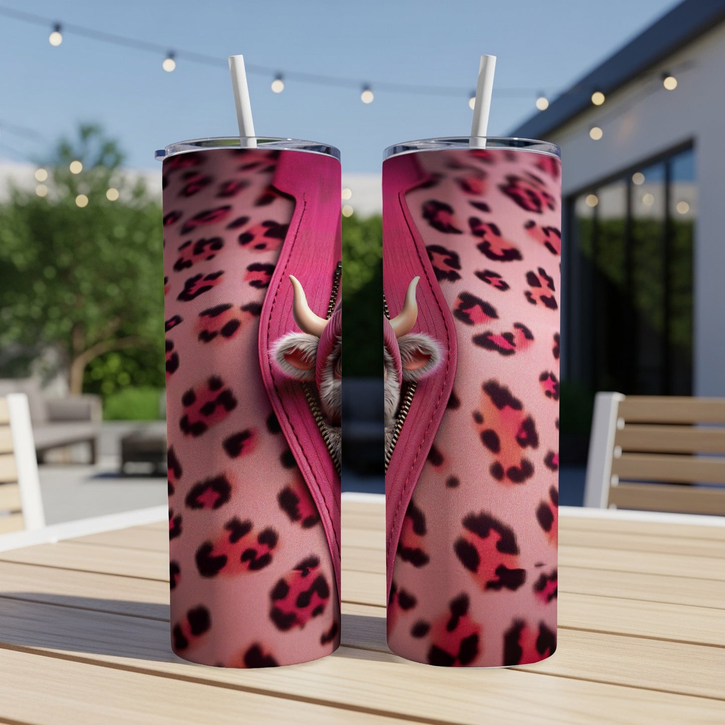Pink leopard print tumbler with cow face peeking from zipper.