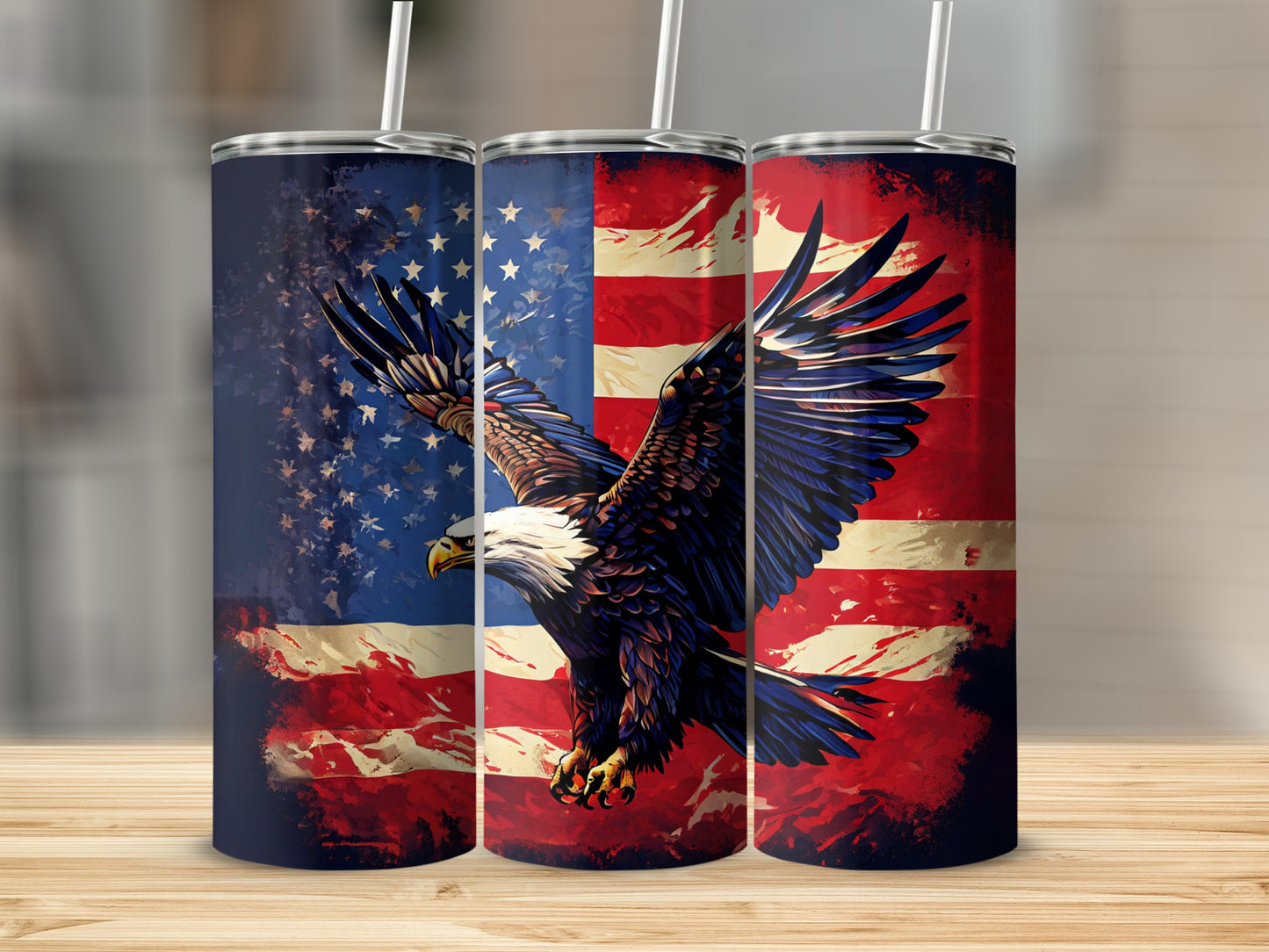 Eagle in flight over distressed American flag on a tumbler.