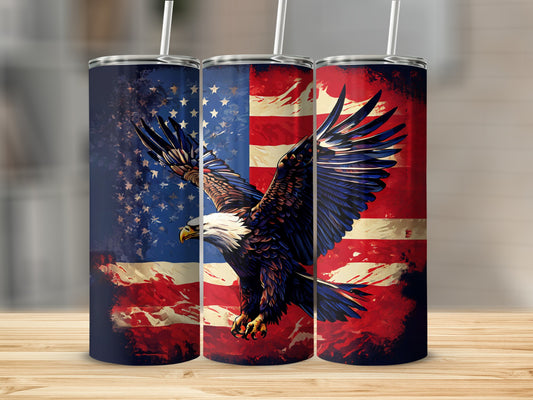 Eagle in flight over distressed American flag on a tumbler.