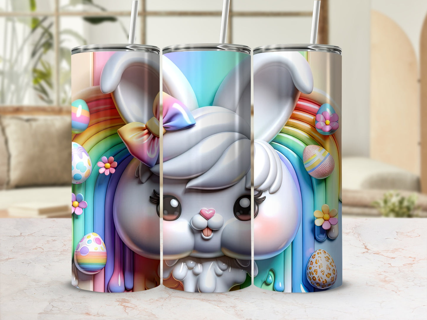 Easter bunny tumbler with rainbows and decorated eggs.