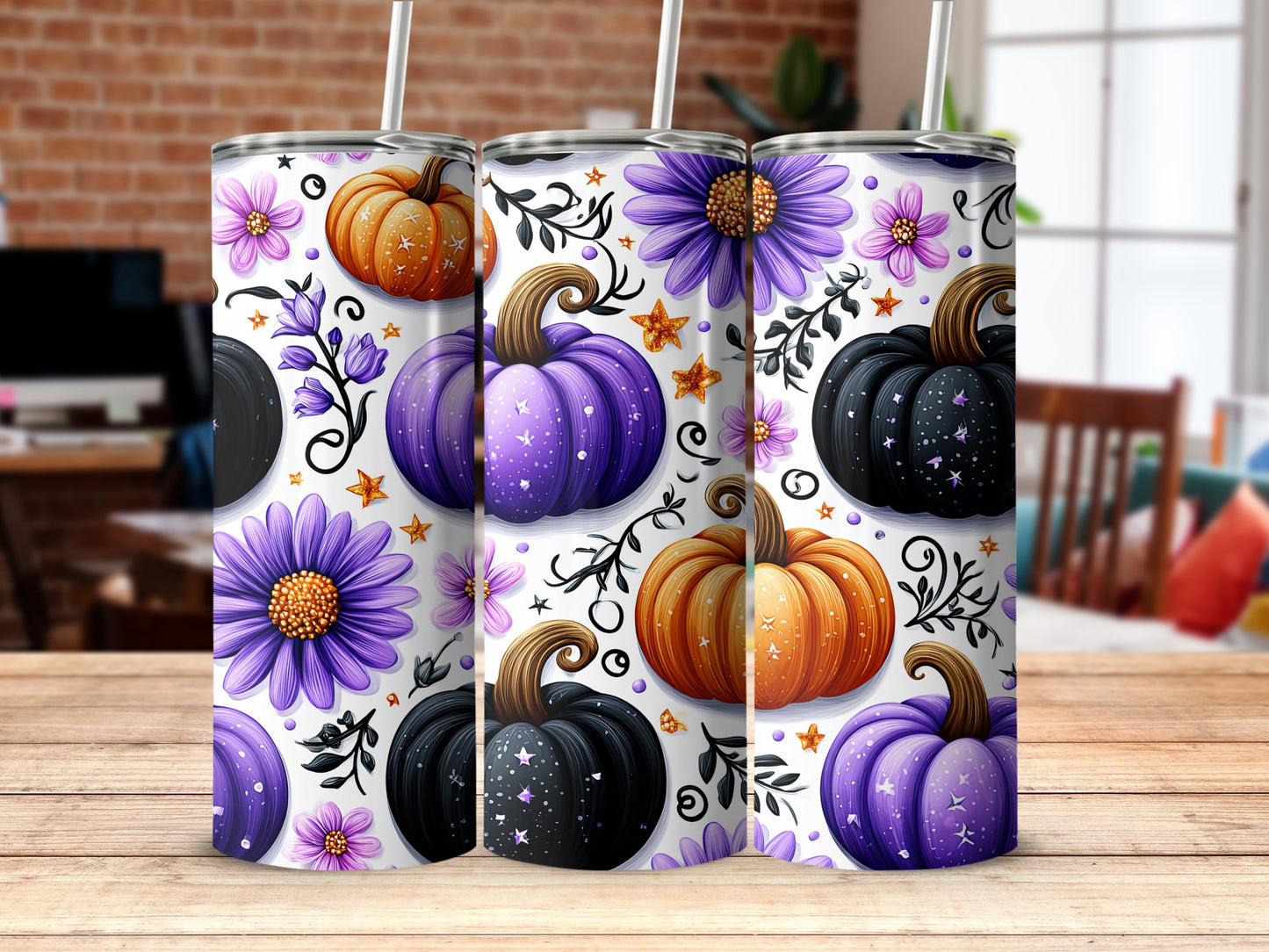 Halloween Pumpkin and Flower Tumbler Cup Design