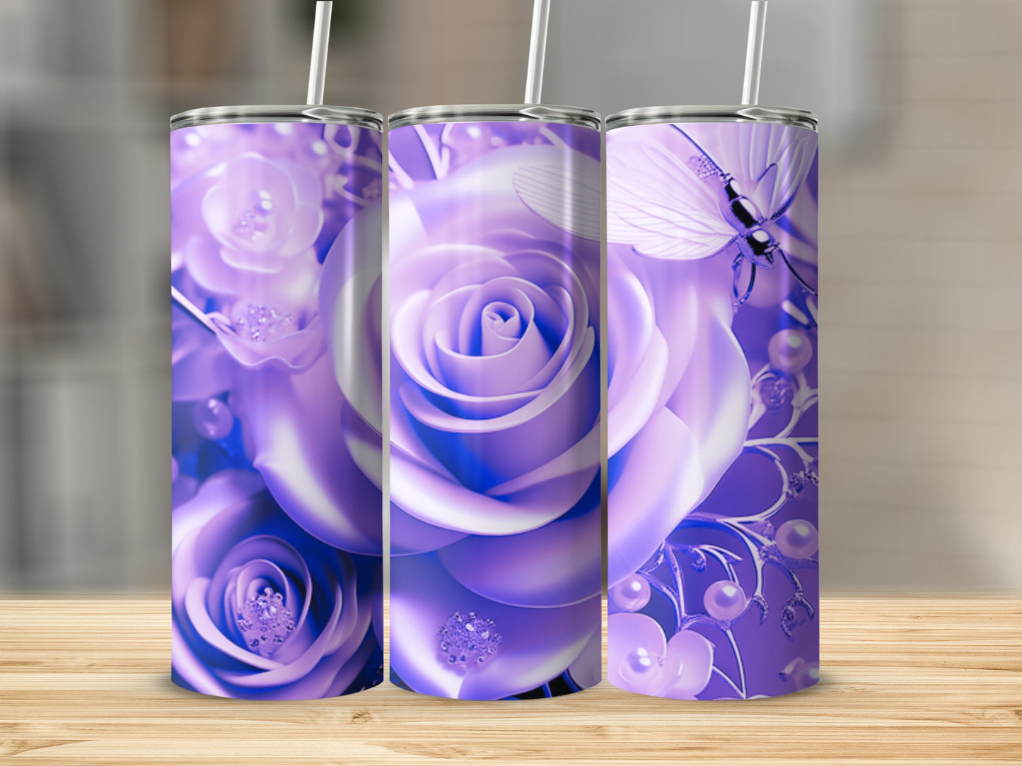 Three purple rose tumblers with butterfly and pearl accents.